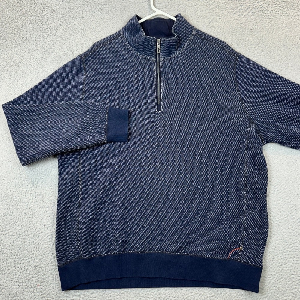 Tommy Bahama Sweater Mens XL Quarter-Zip Navy Blue Textured Knit Pullover EUC